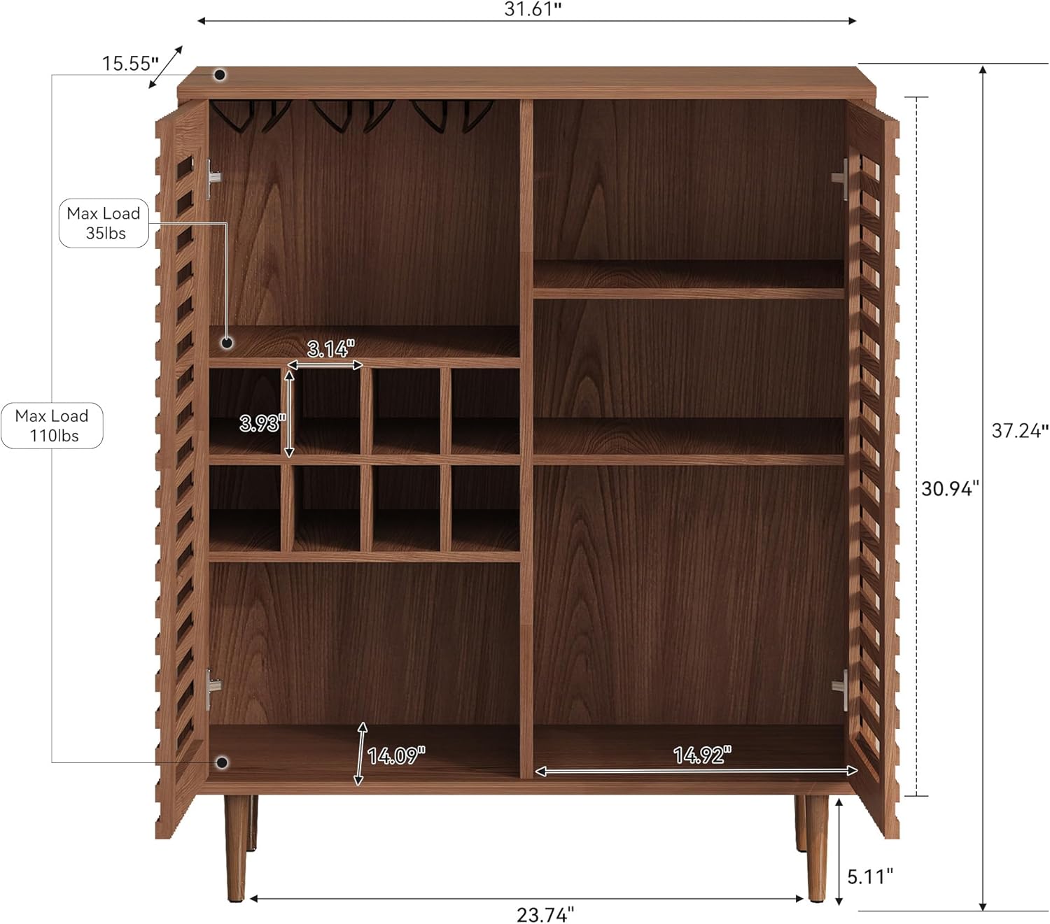 Mid Century Bar Cabinet with Wine Racks, Modern Liquor Cabinet with Slatted Doors for Dining Room