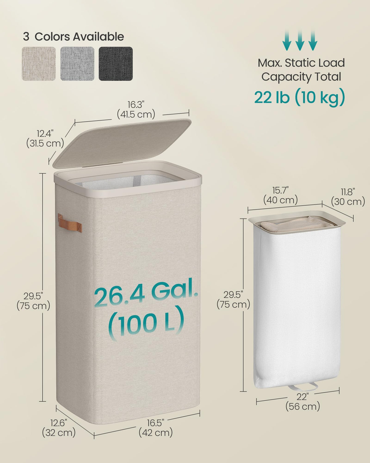 SONGMICS Laundry Basket, 26.4 Gal. Laundry Hamper, Easy Assembly, with Lid and Handles, Removable