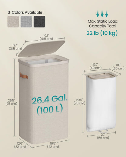 SONGMICS Laundry Basket, 26.4 Gal. Laundry Hamper, Easy Assembly, with Lid and Handles, Removable