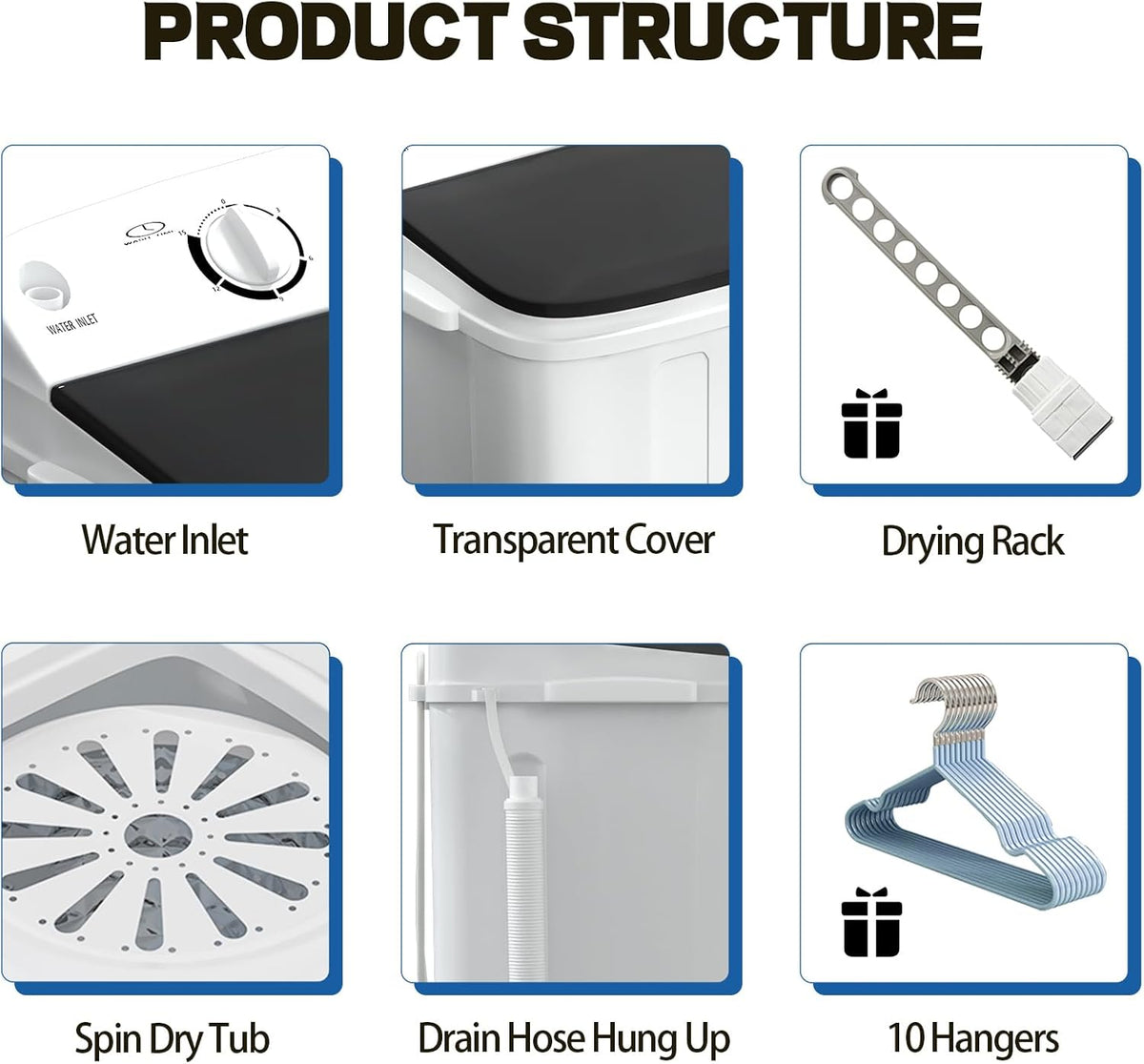 Portable Mini Twin Tub 18lbs Washing Machine With Drying Rack& 10 Hangers, 11lbs Washer & 7lbs