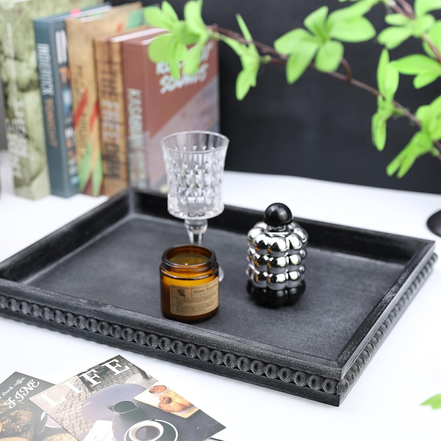 Rectangle Wood Serving Tray with Beads, Black Washed Wooden Decorative Tray for Entertaining