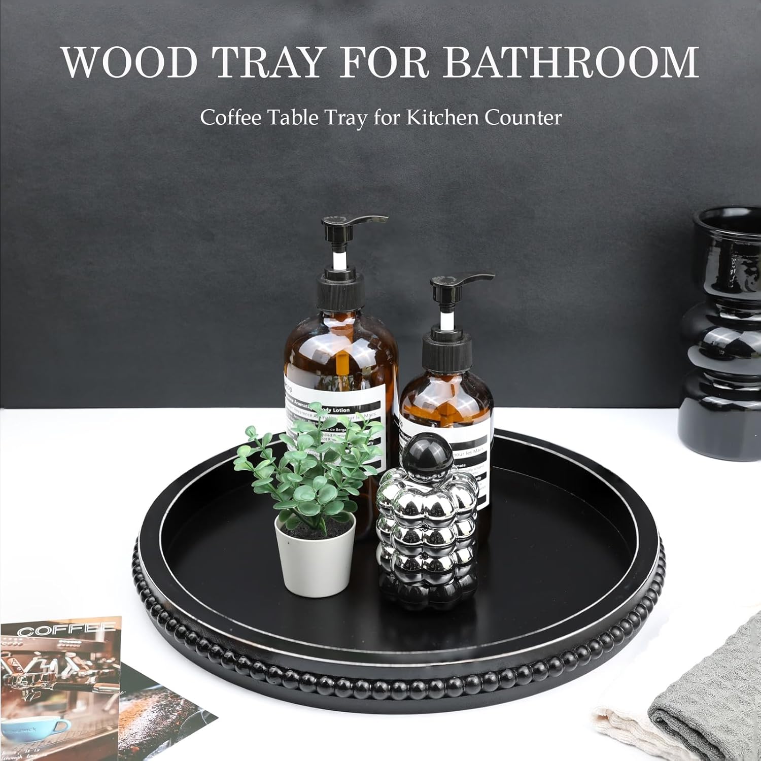 Round Black Wood Serving Tray with Beads, Wooden Decorative Tray for Entertaining, Decoration, and