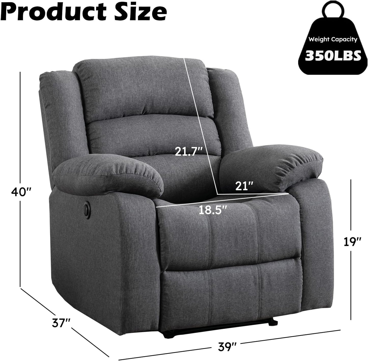 EBELLO Classic Power Recliner Chair, Oversized Electric Reclining Chair with Overstuffed Cushion