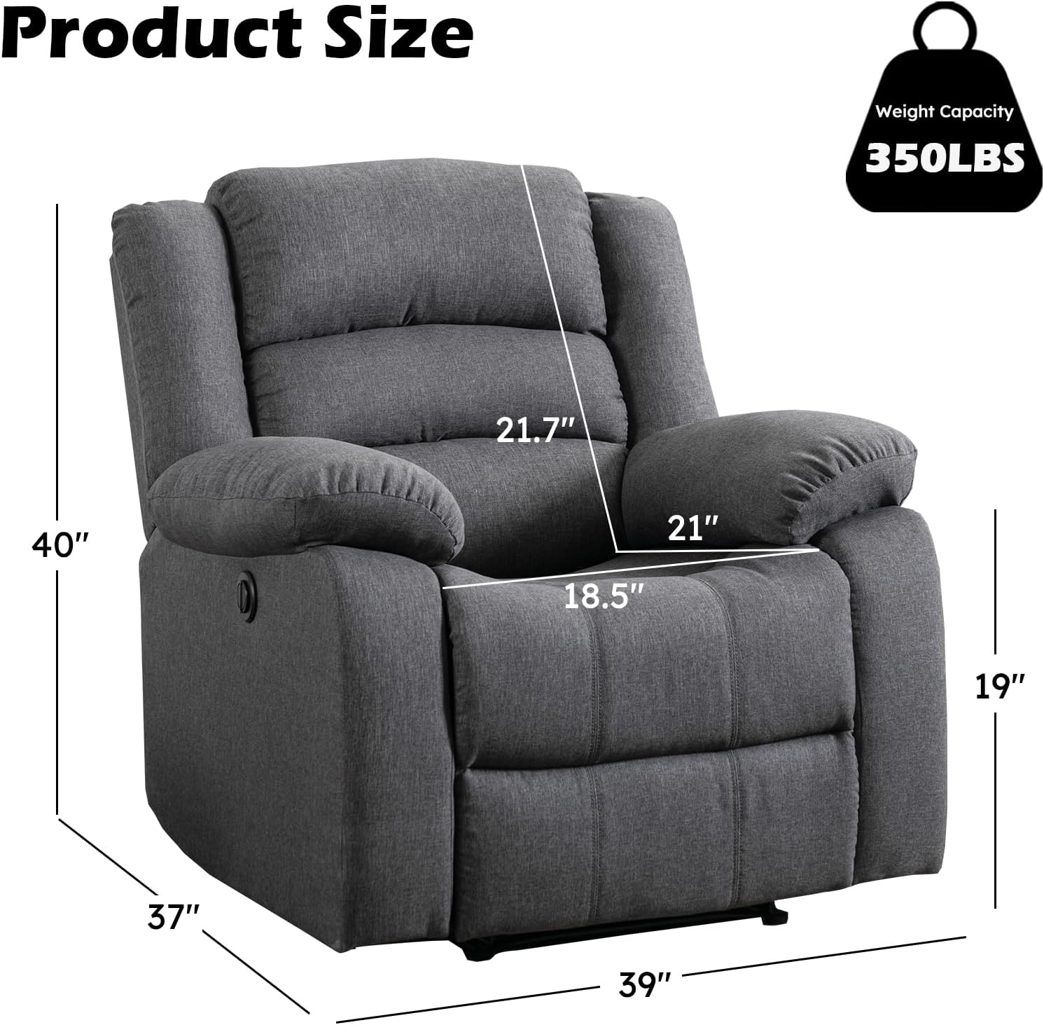 EBELLO Classic Power Recliner Chair, Oversized Electric Reclining Chair with Overstuffed Cushion