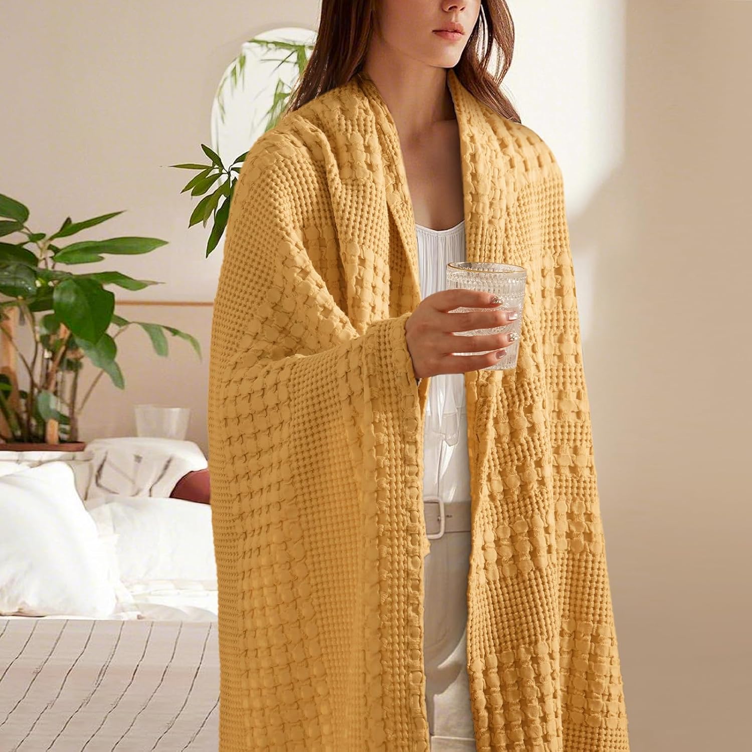 PHF 100% Cotton Waffle Weave Throw Blanket, Soft Lightweight Breathable Cozy Summer Throws for