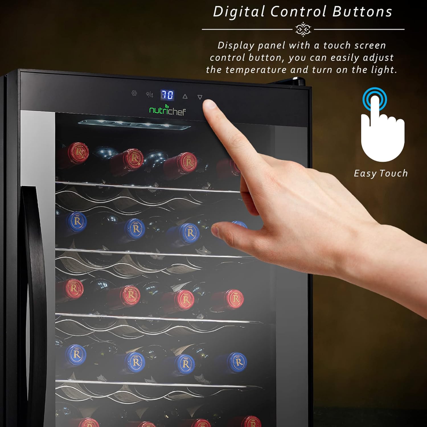 Nutrichef 24 Bottle Wine Fridge | Single Zone Wine Chiller | Adjustable Temperature Control 41°F to