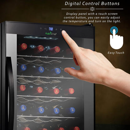 Nutrichef 24 Bottle Wine Fridge | Single Zone Wine Chiller | Adjustable Temperature Control 41°F to
