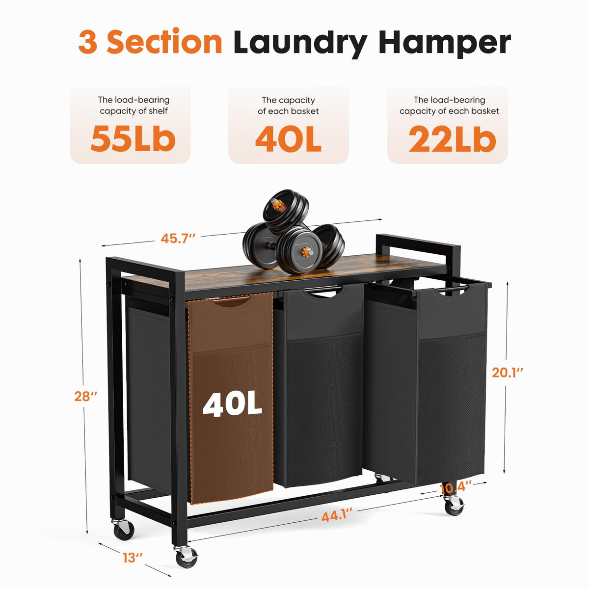 DUMOS Laundry Sorter 3 Section, 3 x 10.6 Gal (120L) Rolling Laundry Basket