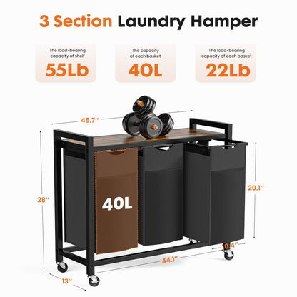 DUMOS Laundry Sorter 3 Section, 3 x 10.6 Gal (120L) Rolling Laundry Basket with Pull-Out Removable