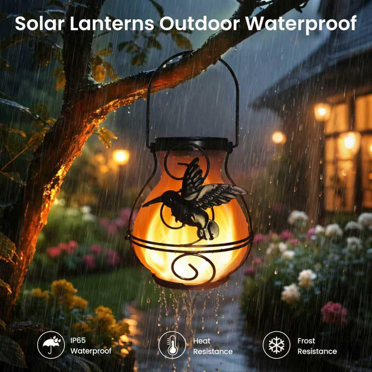 2 Pack Solar Lanterns Outdoor Waterproof Flickering Flame Lights Hummingbird Metal Hanging Solar