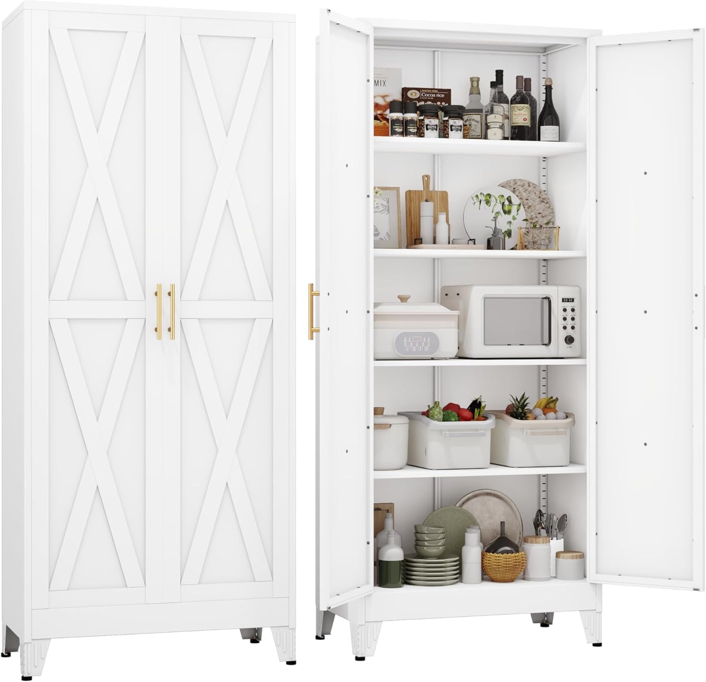 71" H Metal Kitchen Pantry Storage Cabinet, Freestanding Cupboard with 2 Doors and 4 Adjustable