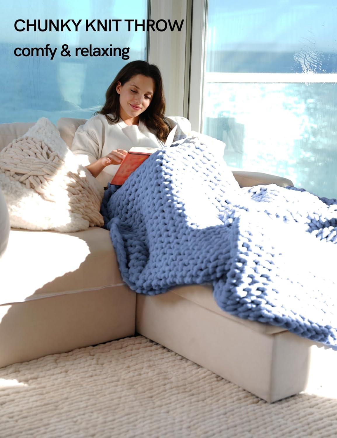 YnM Chunky Throw Blanket, Medium-Weight, Hand Knitted with Chenille Yarn, Skin Friendly, Ventilated