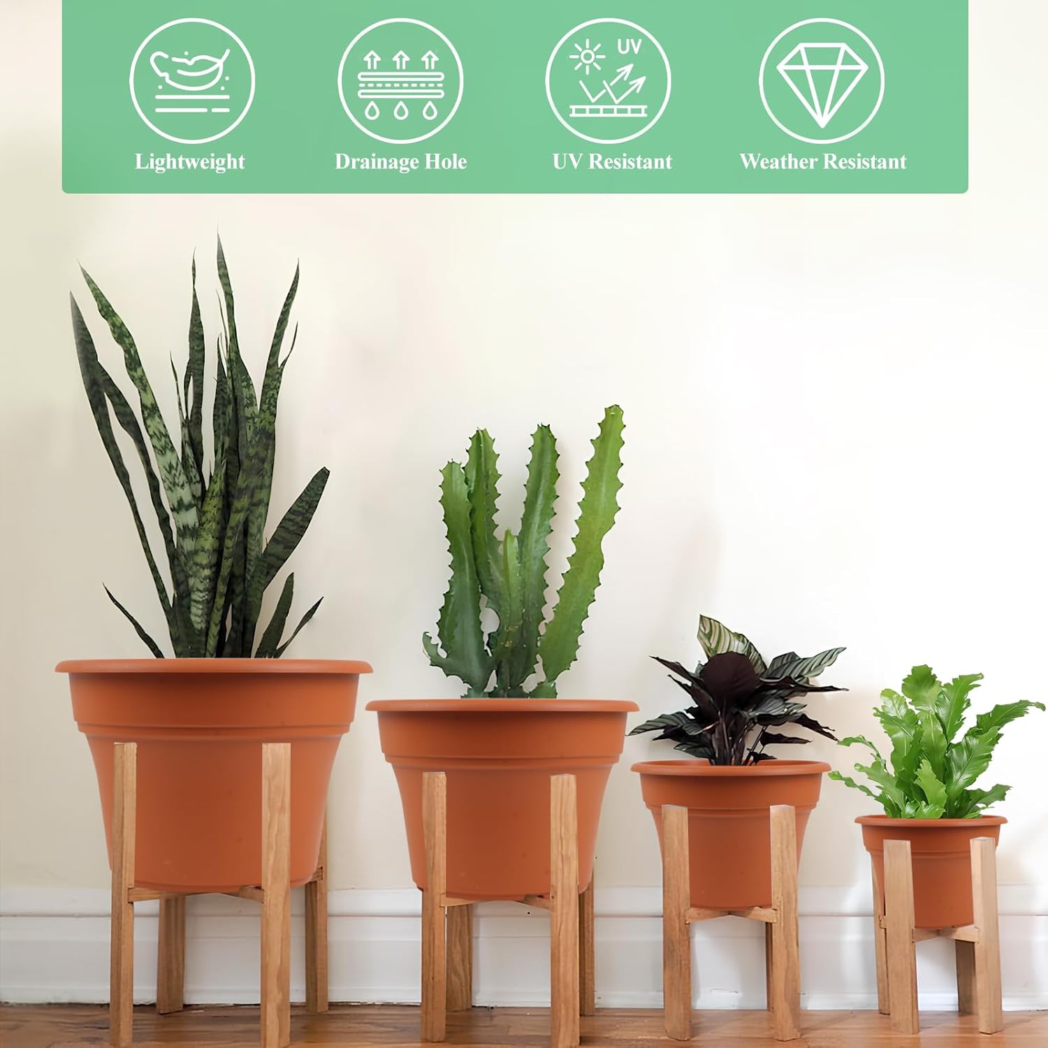 8 Inch Plastic-Flower Pot-for-Indoor Plants, 4 Pack Large Outdoor Planter Pot with Drainage Holes &