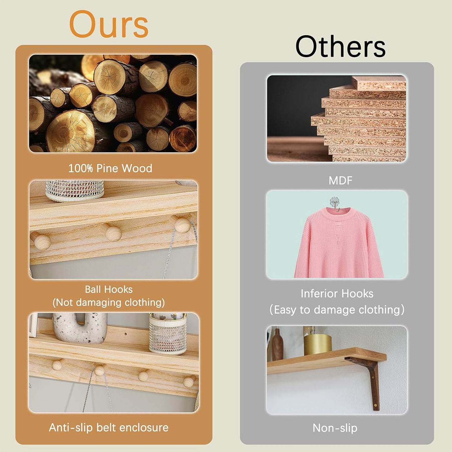 MBYD Wood Wall Shelf With Hooks Floating Shelves for Wall Bathroom Shelves Wall Mounted Nursery