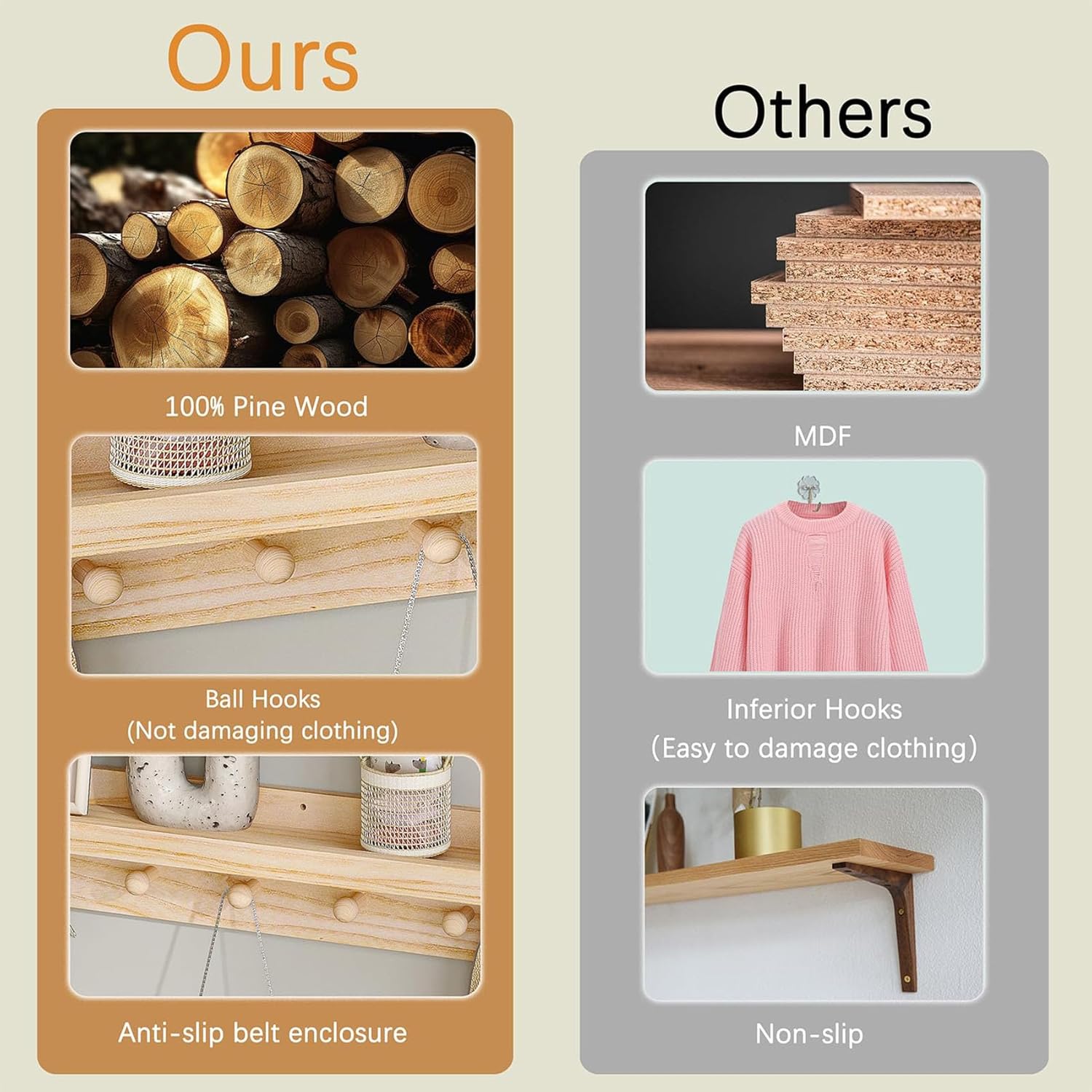 MBYD Wood Wall Shelf With Hooks Floating Shelves for Wall Bathroom Shelves Wall Mounted Nursery