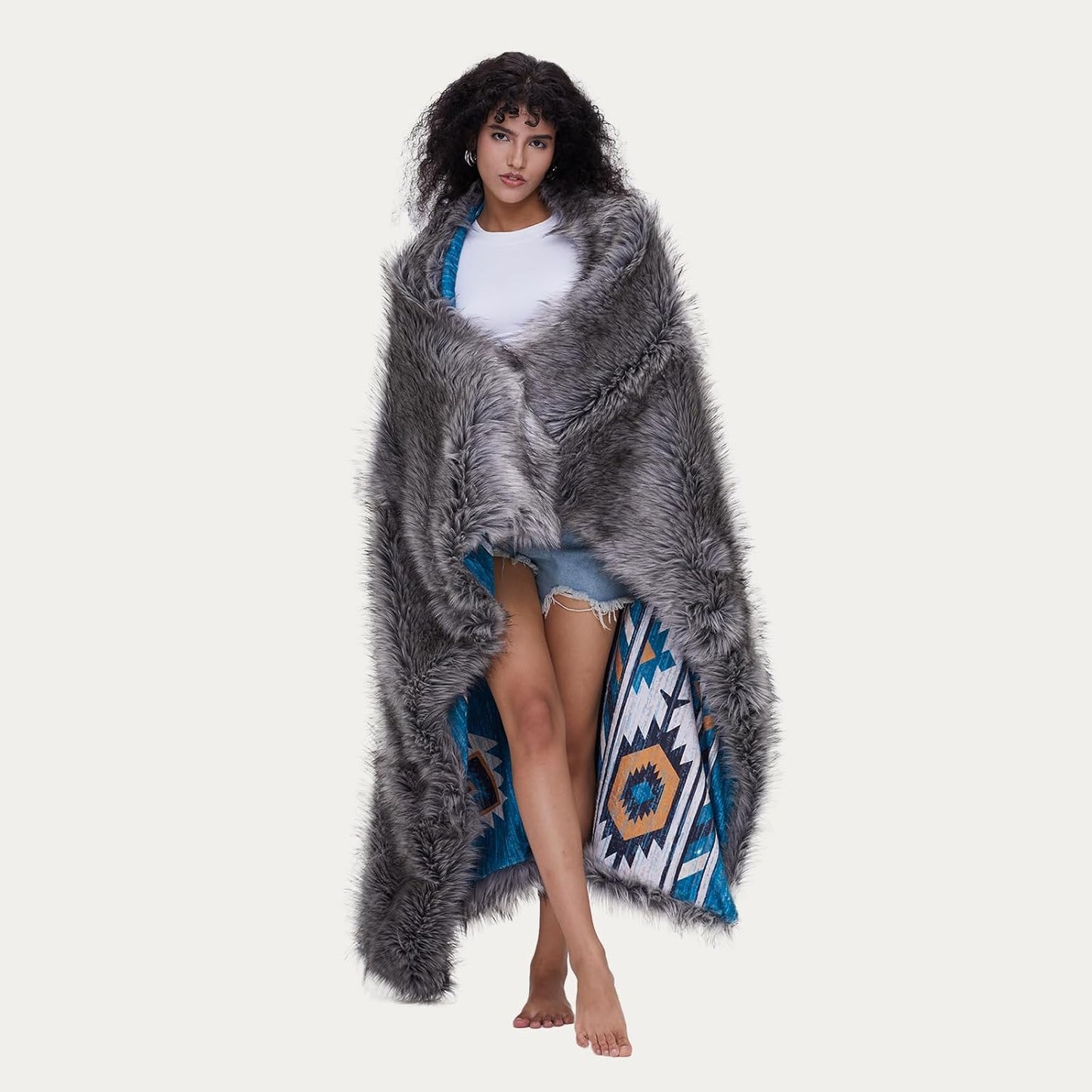 Luxury Plush Faux Fur Throw Blanket with Aztec Pattern, Super Warm, Fuzzy, Elegant, Fluffy