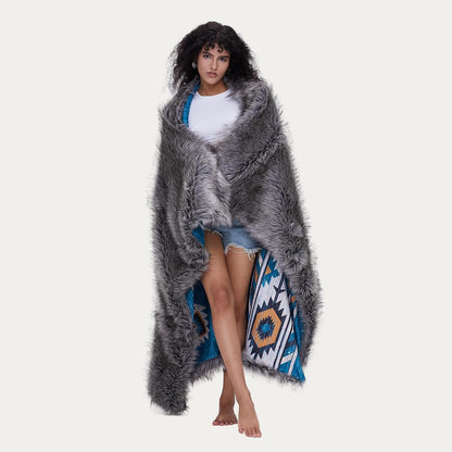 Luxury Plush Faux Fur Throw Blanket with Aztec Pattern, Super Warm, Fuzzy, Elegant, Fluffy