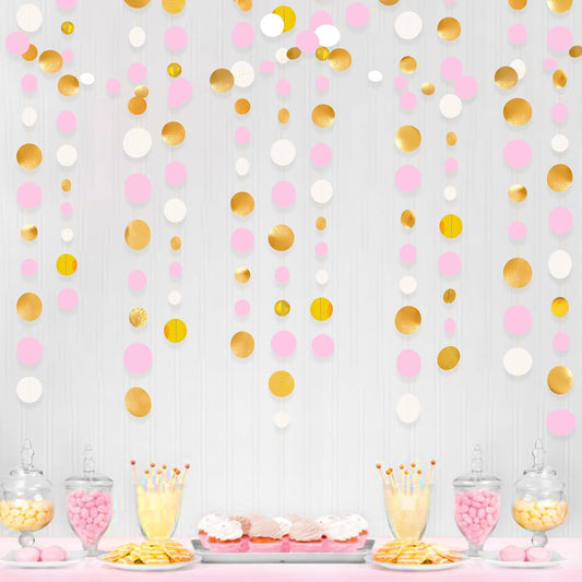 Gold and Pink Party Decorations Circle Dots Garland Metallic Gold Light Pink and White Hanging