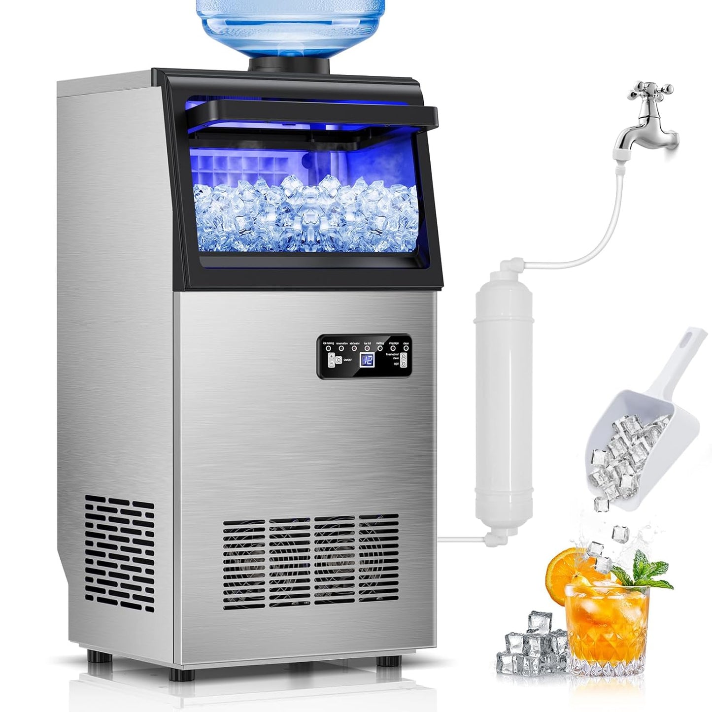 Commercial Ice Maker Machine 130Lbs/24H with 30Lbs Ice Capacity, 45Pcs Clear Ice Cubes Ready in