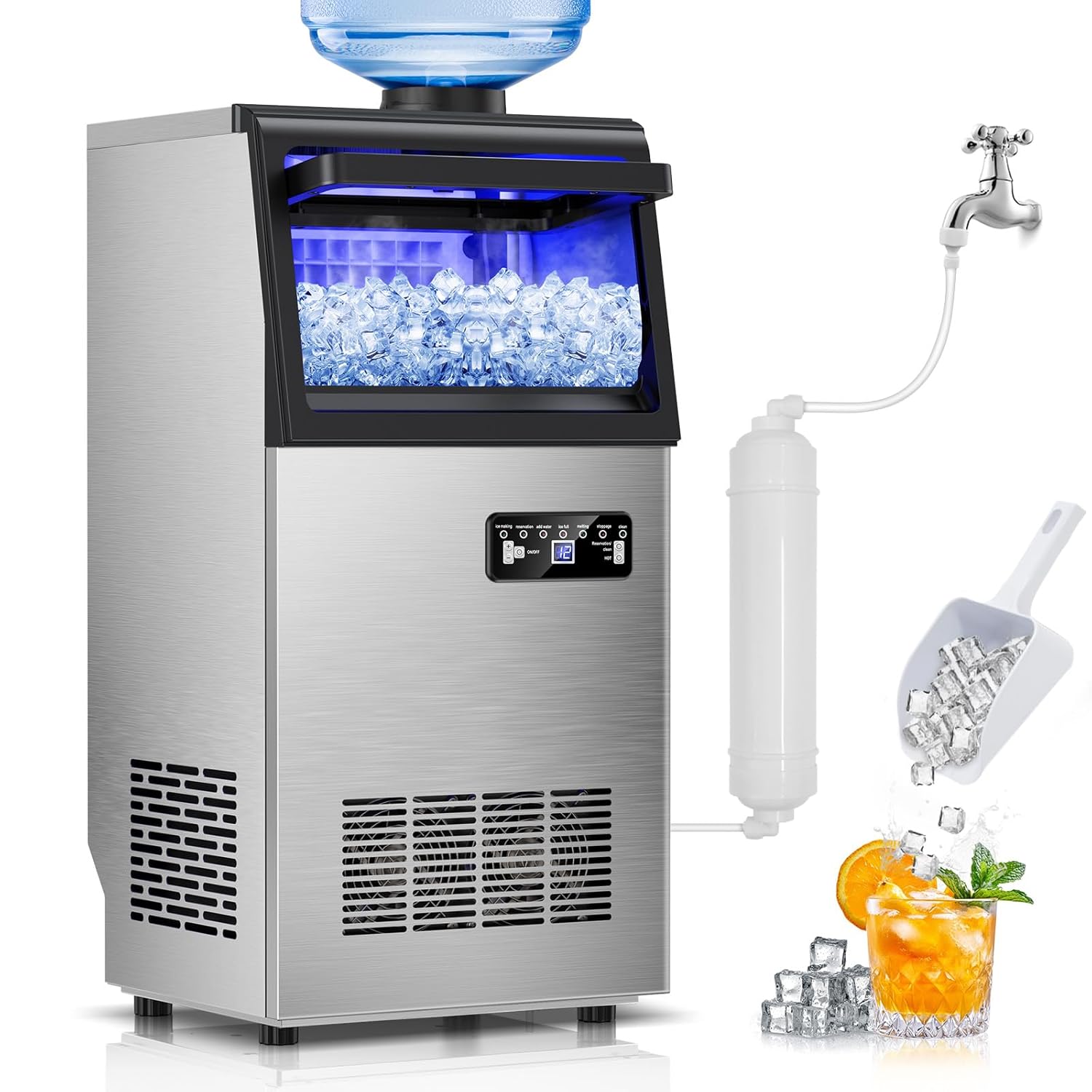 Commercial Ice Maker Machine 130Lbs/24H with 30Lbs Ice Capacity, 45Pcs Clear Ice Cubes Ready in