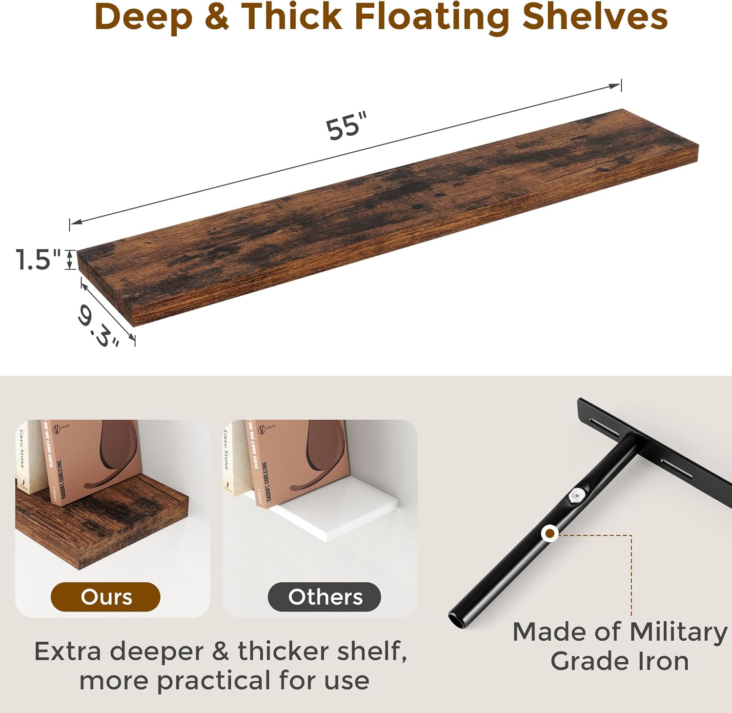 55 Inch Floating Shelves Set of 2, Rustic 55 x 9 Floating Shelf for Wall, 9 Inch Deep Wall Shelves