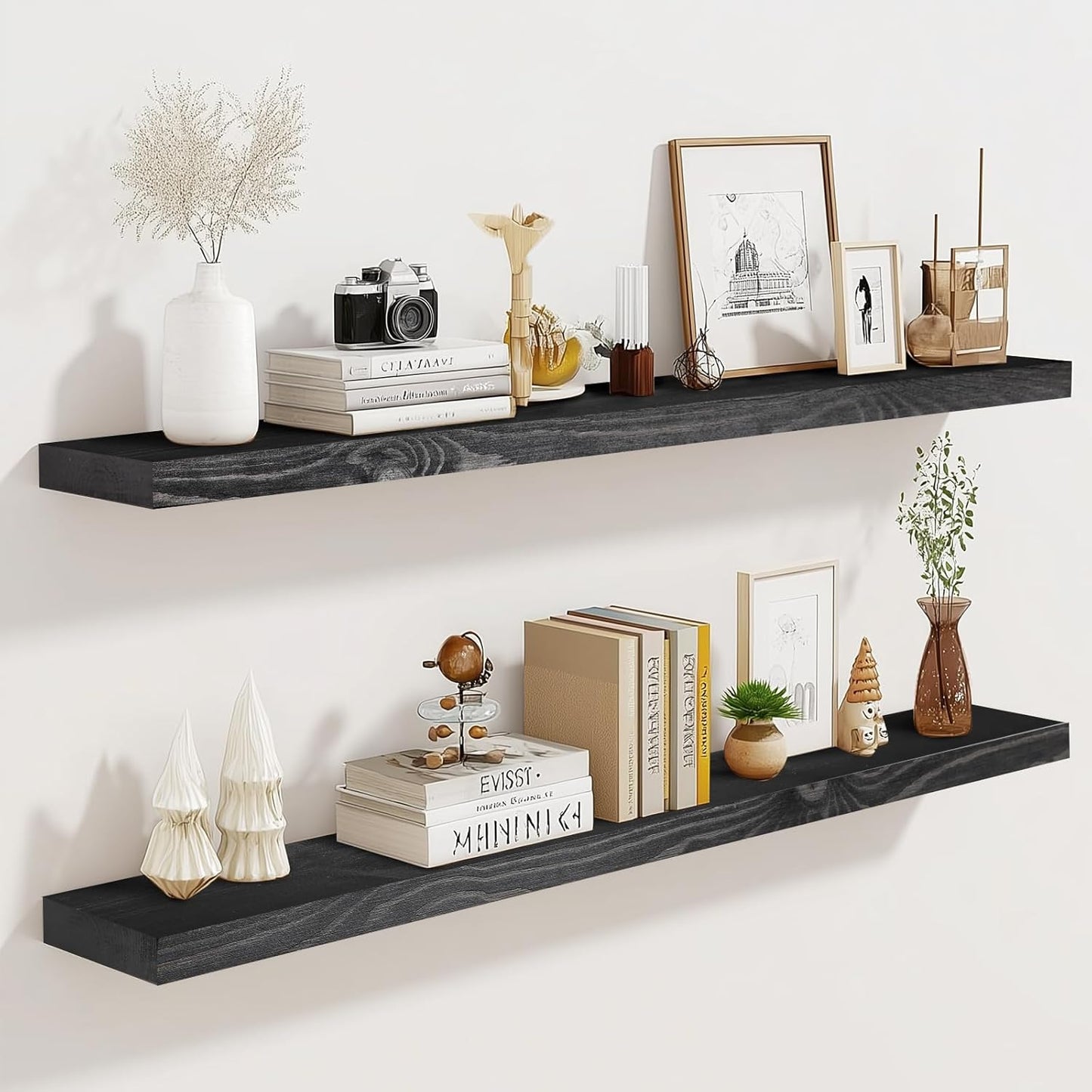 36"x6.8"x1.2" Solid Wood Floating Shelves 2-Pack - Rustic Black Finish with Hidden Brackets