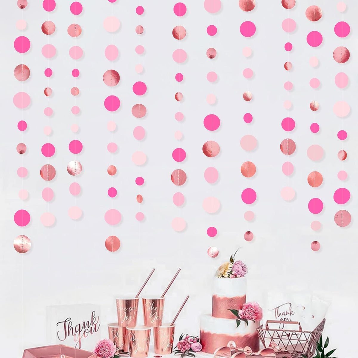 Hot Pink Rose Gold Party Decorations Circle Dots Garland Hanging Polka Dot Streamer for Girls