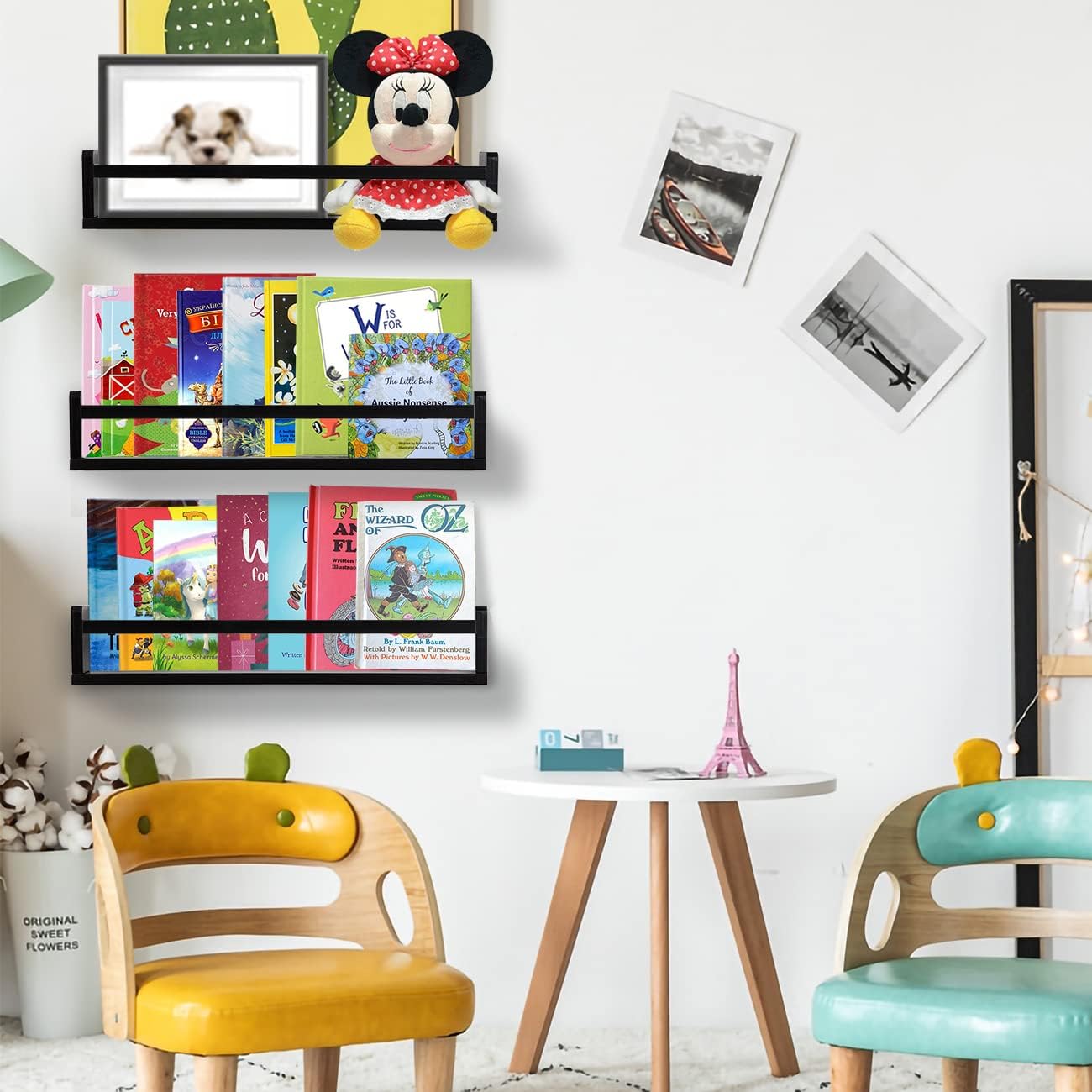 AZSKY Classic Nursery Book Shelves Black Wooden Floating Shelves Wall Bookshelf for Bathroom Decor