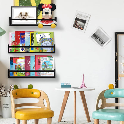 AZSKY Classic Nursery Book Shelves Black Wooden Floating Shelves Wall Bookshelf for Bathroom Decor