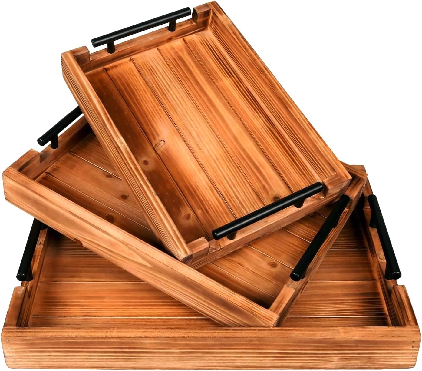 3 Piece Coffee Table Tray Decorative Nested Vintage Wood Serving Tray Set for Eating, Breakfast