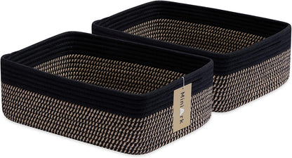 Large Shallow Organizing Baskets 15x11x5.1 Inches - Rope Woven Storage Bins for Bathroom, Shelves