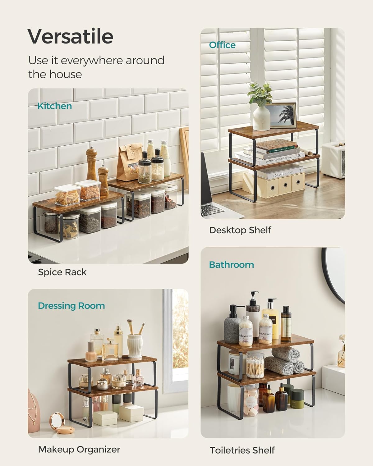 SONGMICS Cabinet Organizer Shelf, Set of 2 Kitchen Counter Shelves, Kitchen Storage, Spice Rack