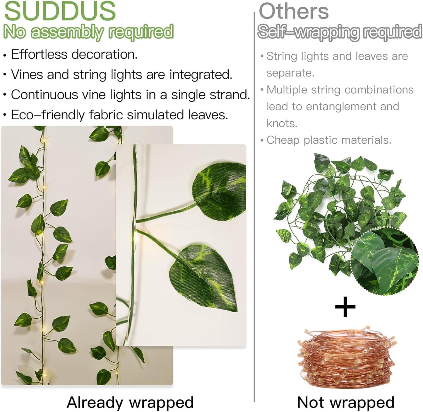 suddus Vine with Fairy Lights Battery Operated, 13.1ft 40 LED Pothos String Lights with Remote