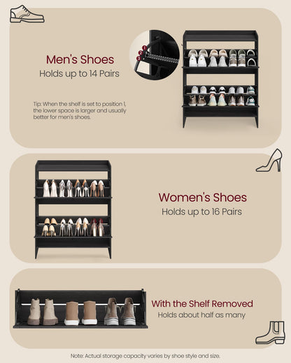 VASAGLE Narrow Shoe Storage Cabinet Organizer with 2 Flip Drawers