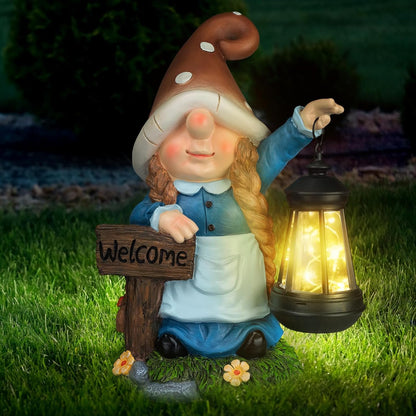 Solar Large Gnome Garden Statue with Welcome Sign Outdoor Decor with LED Lantern Funy for Porch