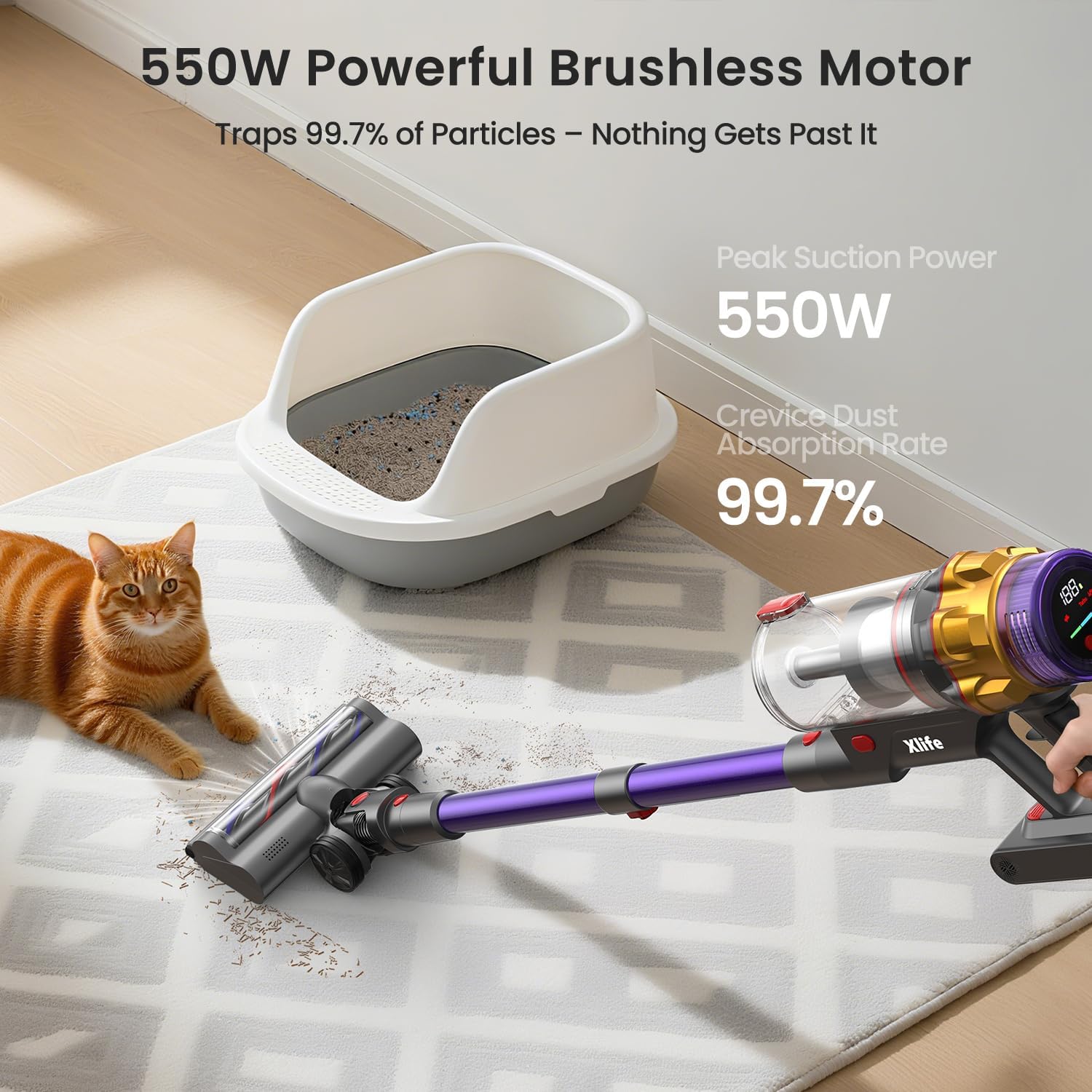 Xlife 550W Cordless Vacuum Cleaner 48KPa Powerful Suction, Long Runtime, Green Light Dust