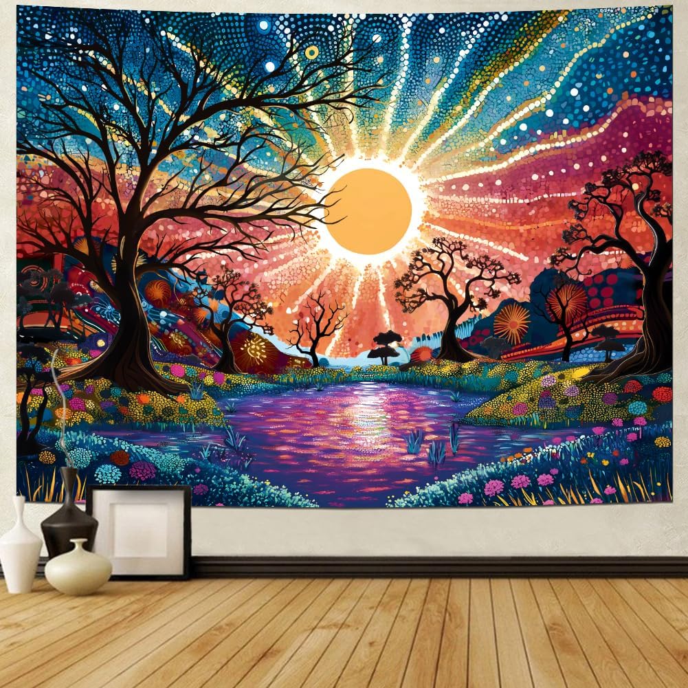 Serborlur Tree of Life Tapestry Trippy Sun Forest Tapestries Colorful Starry Sky Tapestries Hippie