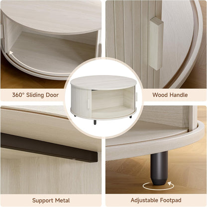 Round Coffee Table with Storage, 31.5" Modern Coffee Table with 360° Curved Sliding Door, Fluted