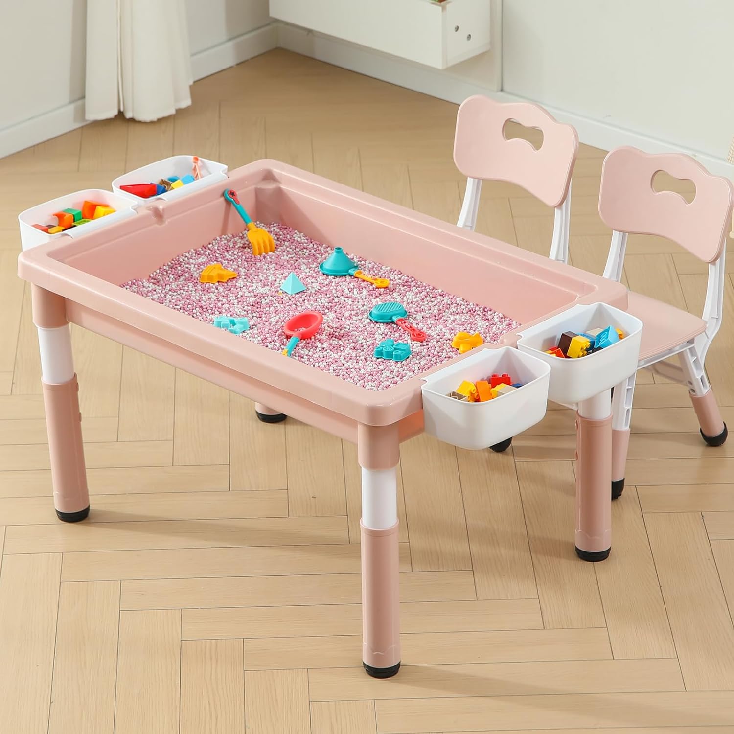 Multi Functional Kids Table and 2 Chairs Set, Graffiti & Building Blocks Double-Sided Tabletop