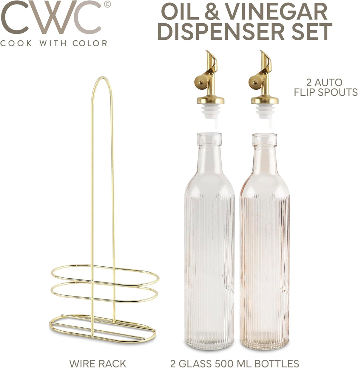 COOK WITH COLOR Glass Olive Oil Bottle Dispenser - 2 Pack- 17oz Oil and Vinegar Cruet - Olive Oil