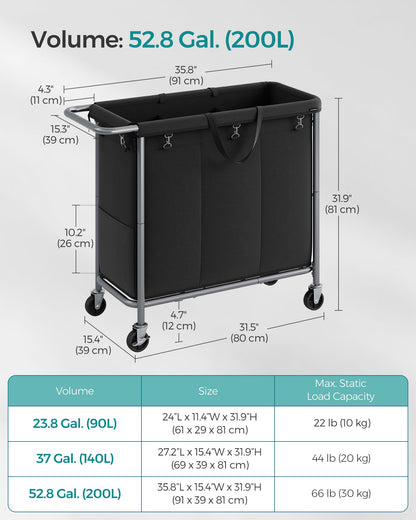 SONGMICS Laundry Basket with Wheels, 3-Section Rolling Laundry Hamper, 52.8 Gallons (200 L)