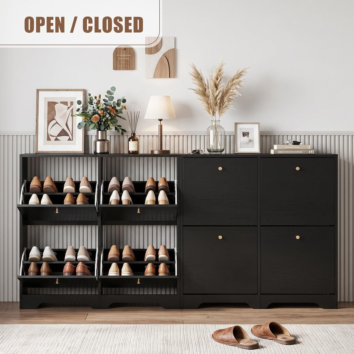 Nicetree Shoe Cabinet, 4 Flip Drawers Slim Black Entryway Storage