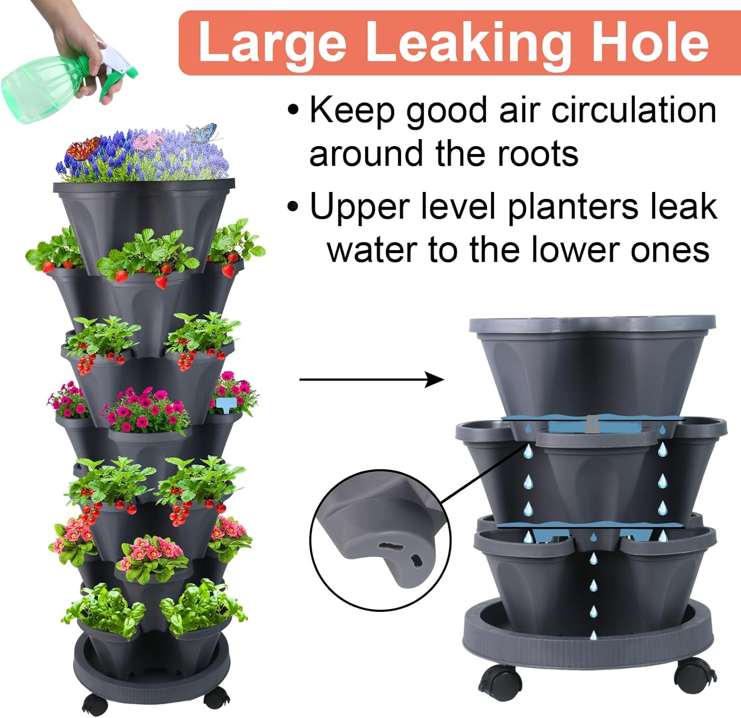 Vertical Planter, 7 Tier Stackable Strawberry Planter with Garden Tool Set, Movable Indoor/Outdoor