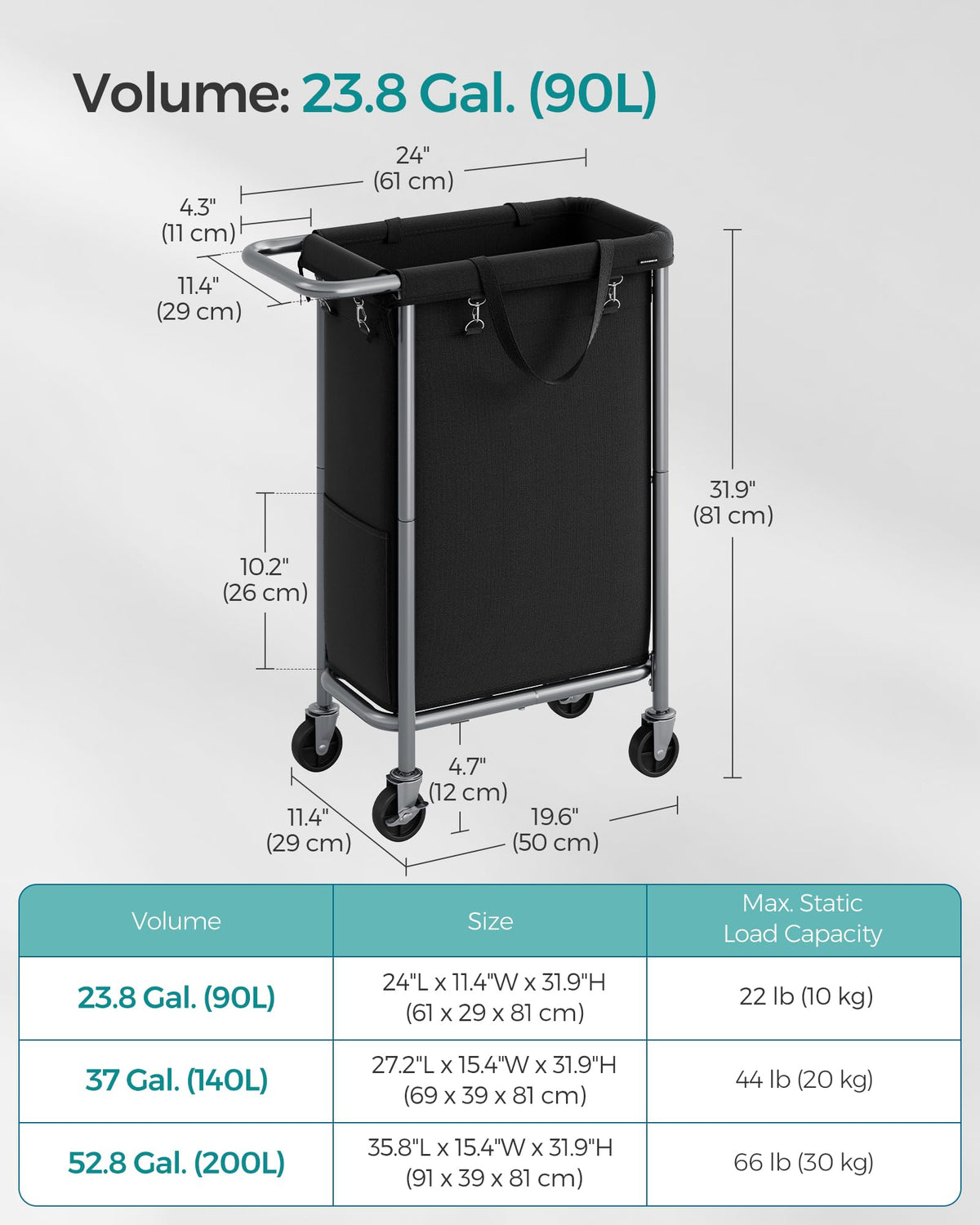SONGMICS Laundry Basket with Wheels, Rolling Laundry Hamper, 23.8 Gallons (90 L), Removable Liner