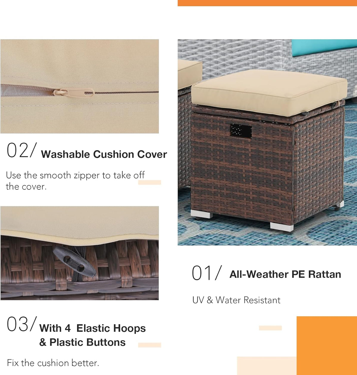 Patiorama 2 Piece Outdoor Patio Ottomans, All-Weather Brown PE Rattan Wicker Ottoman with Storage