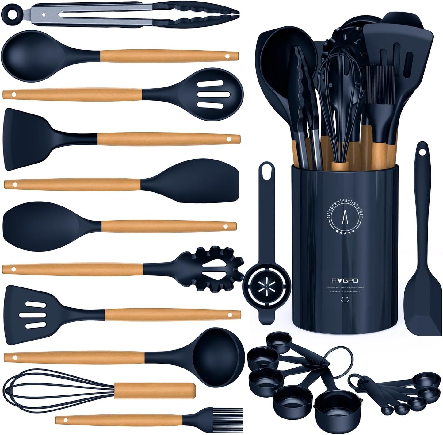 Silicone Cooking Utensils Set - Silicone Kitchen Utensils for Cooking Wooden Handles, 446°F Heat