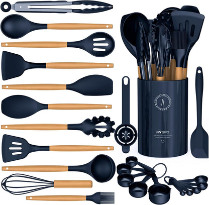 Silicone Cooking Utensils Set - Silicone Kitchen Utensils for Cooking Wooden Handles, 446°F Heat