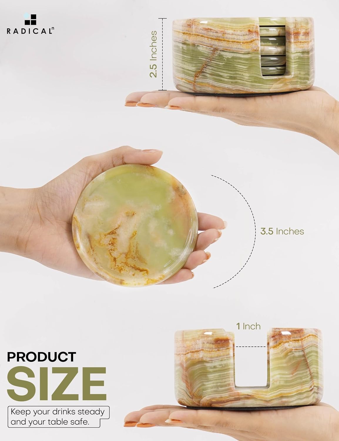 Marble Coasters Set of 6 Green Onyx 3.5 Inch Round Coaster for Drinks with Holder, Drink Coaster