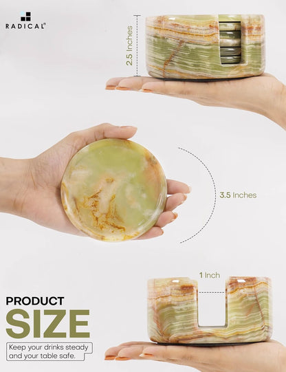 Marble Coasters Set of 6 Green Onyx 3.5 Inch Round Coaster for Drinks with Holder, Drink Coaster