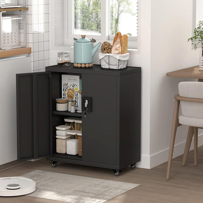 Metal Storage Cabinet with Wheels,Lockable Steel Rolling Storage Cabinet with 2 Doors for
